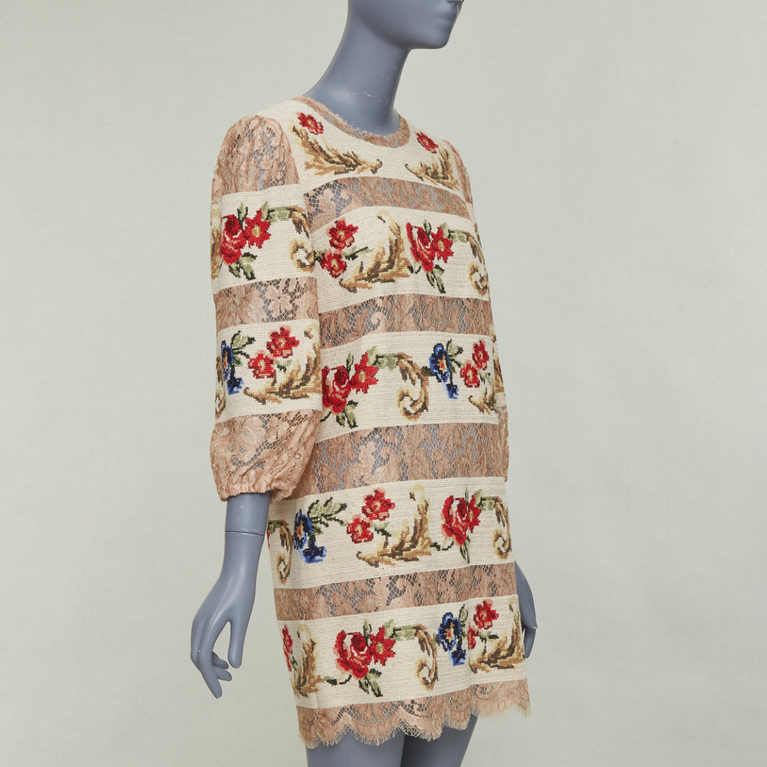 DOLCE GABBANA 2012 Runway baroque floral needlepoint sheer lace shift dress IT44
