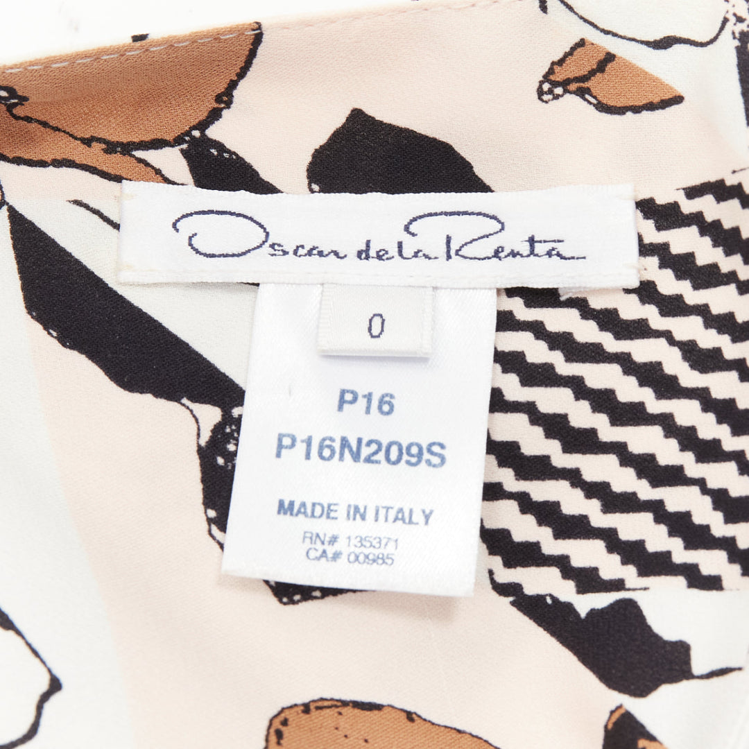 OSCAR DE LA RENTA 2016 black pink geometric floral print pleated skirt US0 XS