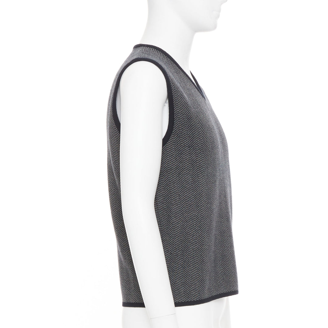 PRADA Vintage herringbone chevron contrast trim cashmere v-neck vest top IT48 M