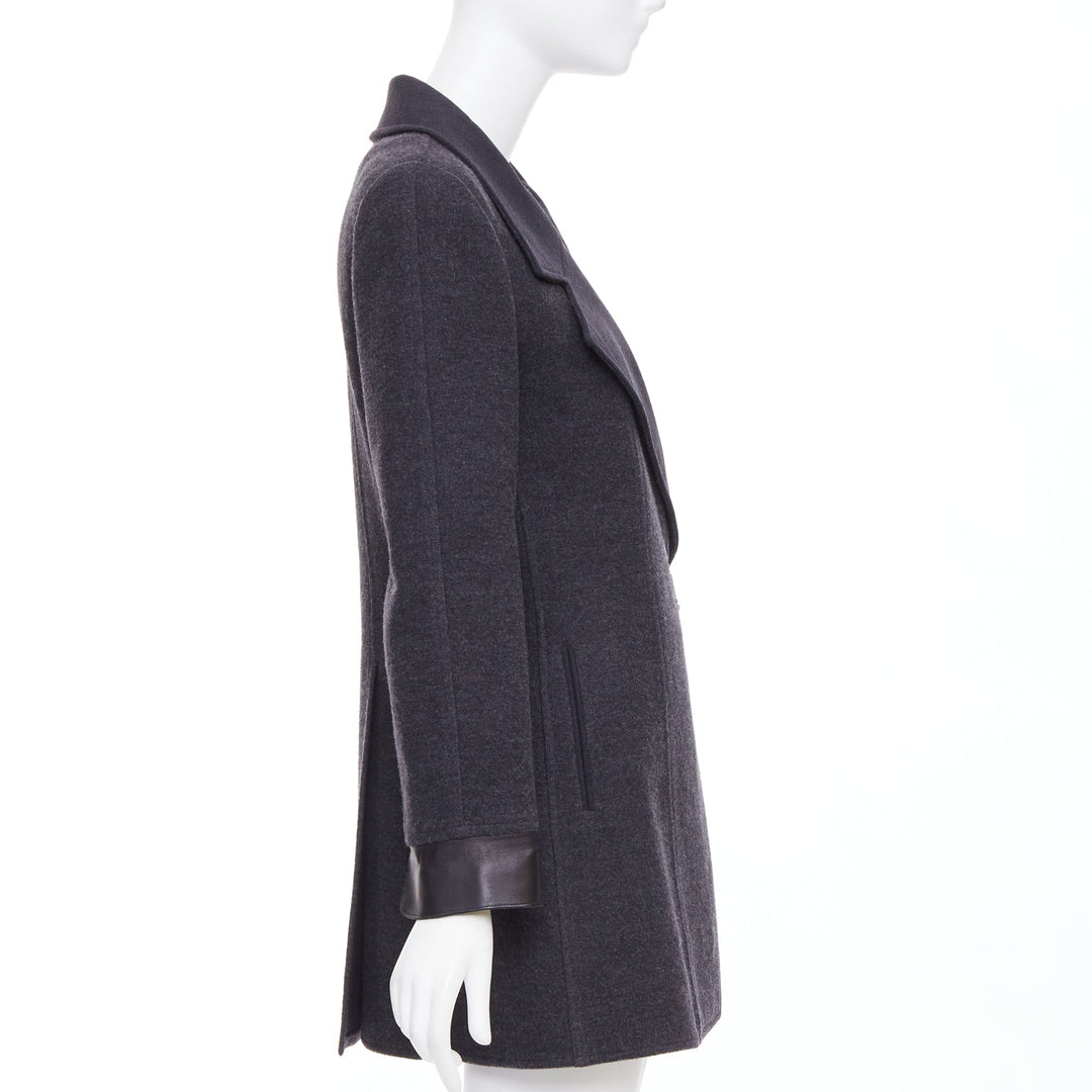 CHANEL 00A dark grey wool blend logo metal buckle asymmetric coat FR38 M