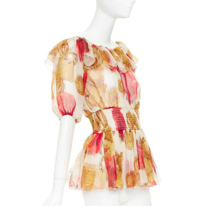 DOLCE GABBANA 2018 Cookie Rose print smocked ruffle sheer silk top IT38 XS