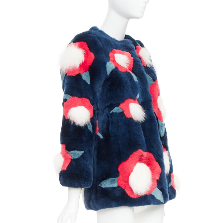 YVES SALOMON KIDS navy rabbit mink floral patchwork coat Yr10 XS