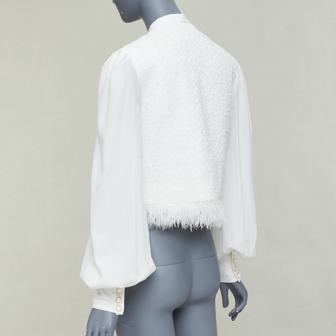 BALMAIN 2024 cream tweed silk sleeves gold lion buttons feather jacket FR36 S