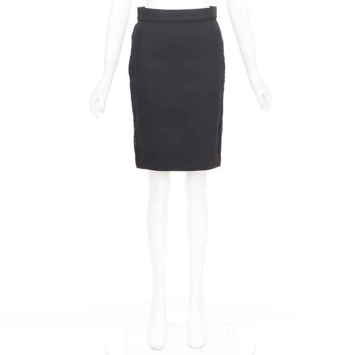 STELLA MCCARTNEY black wool blend lace side panels cut out pencil skirt IT38 XS