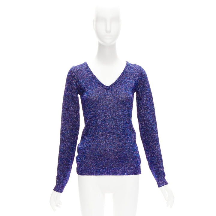 MIU MIU midnight blue purple glitter lurex V-neck sweater  IT40 S