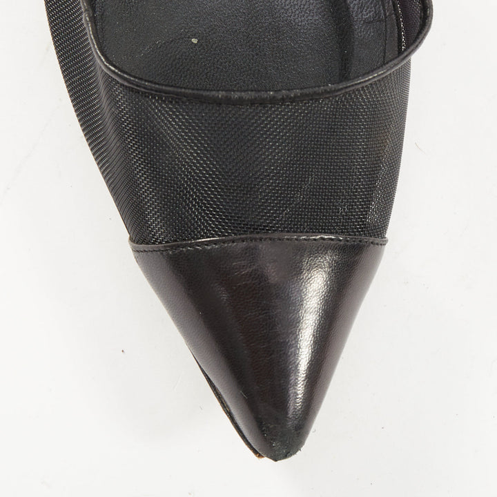 MANOLO BLAHNIK Capcour 90 black sheer mesh leather cap toe stiletto pumps EU37