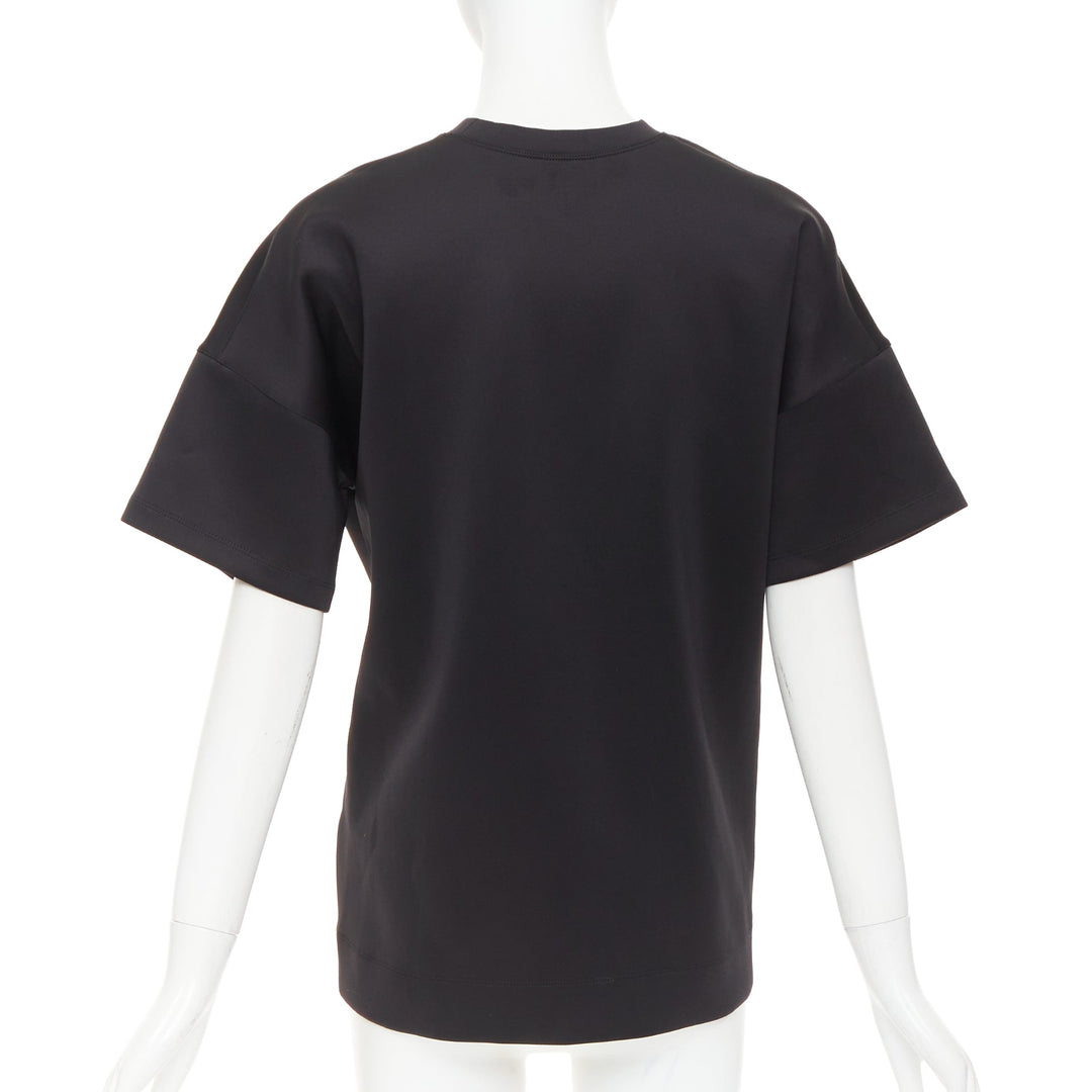 BALENCIAGA 2015 Runway black neoprene pearl pin asymmetric draped boxy top S