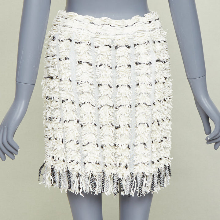 CHANEL 18P Runway cream black logo print tweed A-line skirt FR38 M