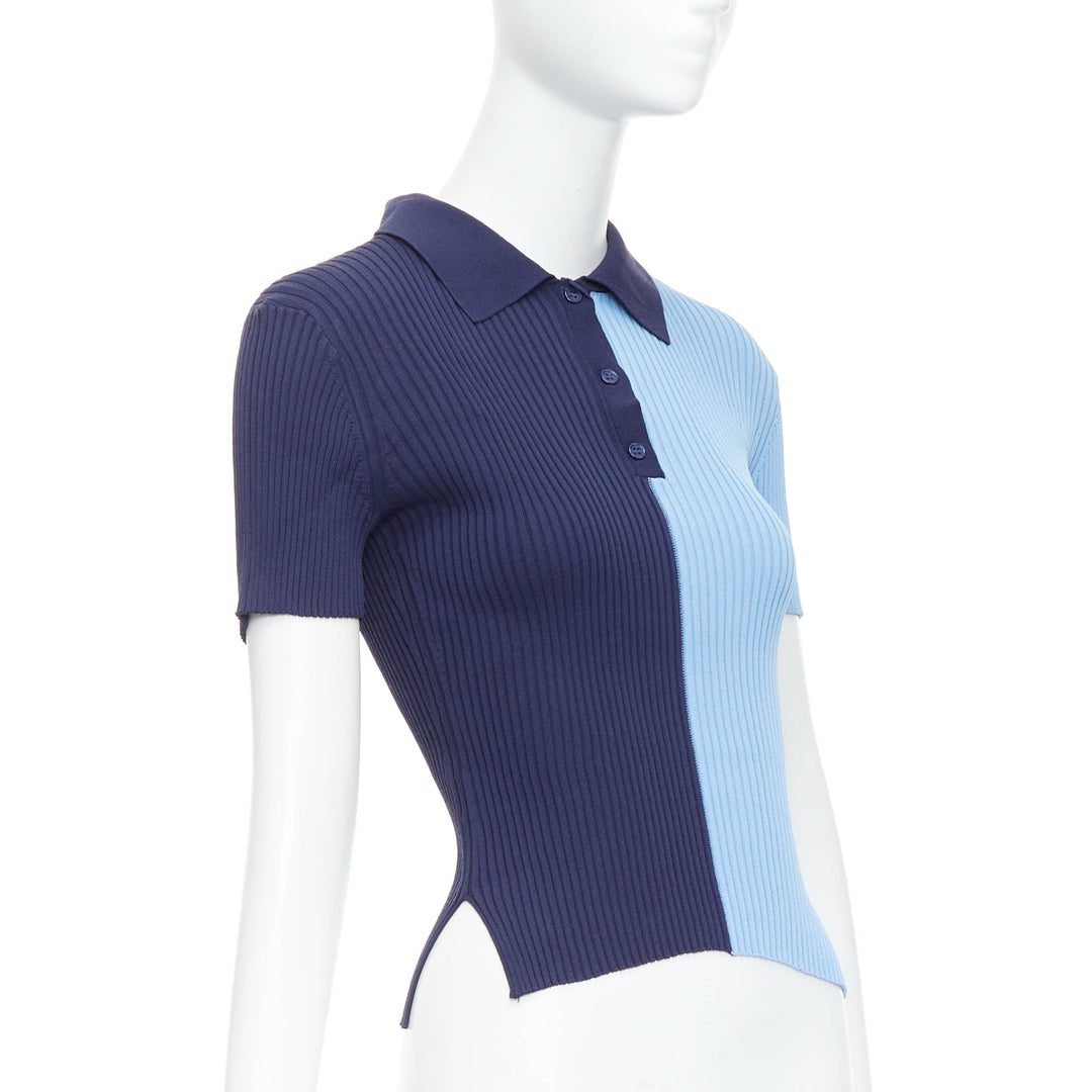 STAUD Brice blue bicolor ribbed side slits fitted polo top M