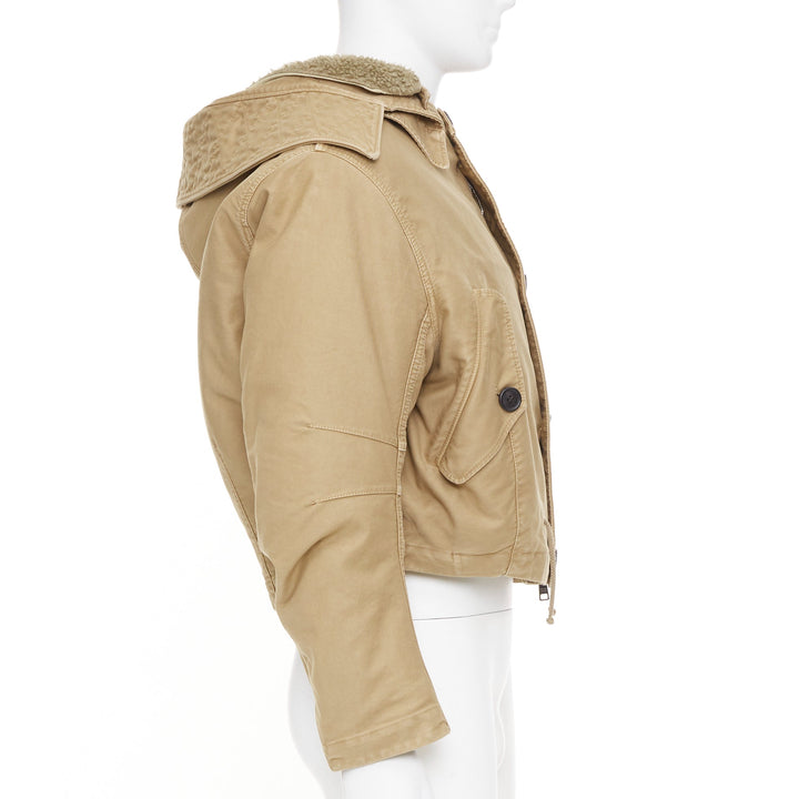 PRADA 2023 Runway shearling trim canvas hooded cropped bomber jacket IT48 M