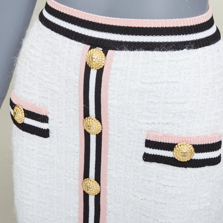 BALMAIN white knit tweed striped border lion head button mini skirt FR34 XXS