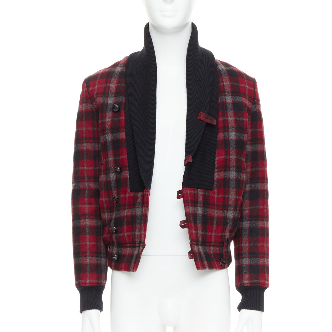 KRIS VAN ASSCHE red black virgin wool checkered cotton trim bomber IT46 S