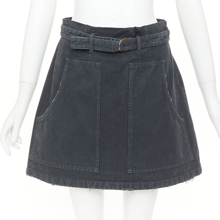 PRADA 2023 grey washed distressed  denim cargo pocket belted mini skirt IT38 XS
