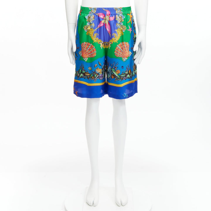 VERSACE 2021 Tresor De La Mer blue seashell print 100% silk shorts IT48 M