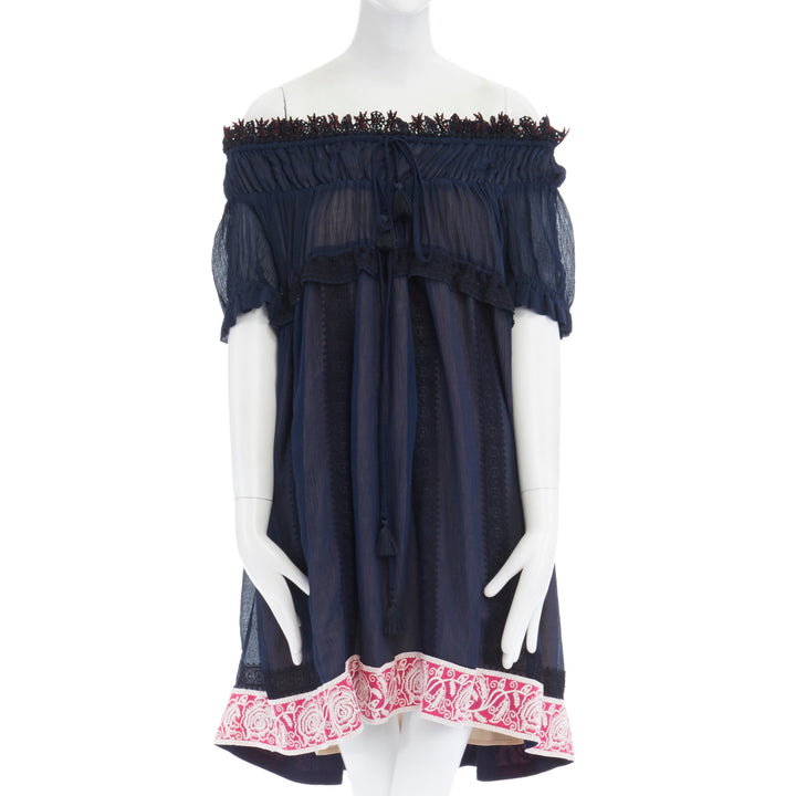 CHLOE navy embroidery lace trim off shoulder boho dress FR36 S