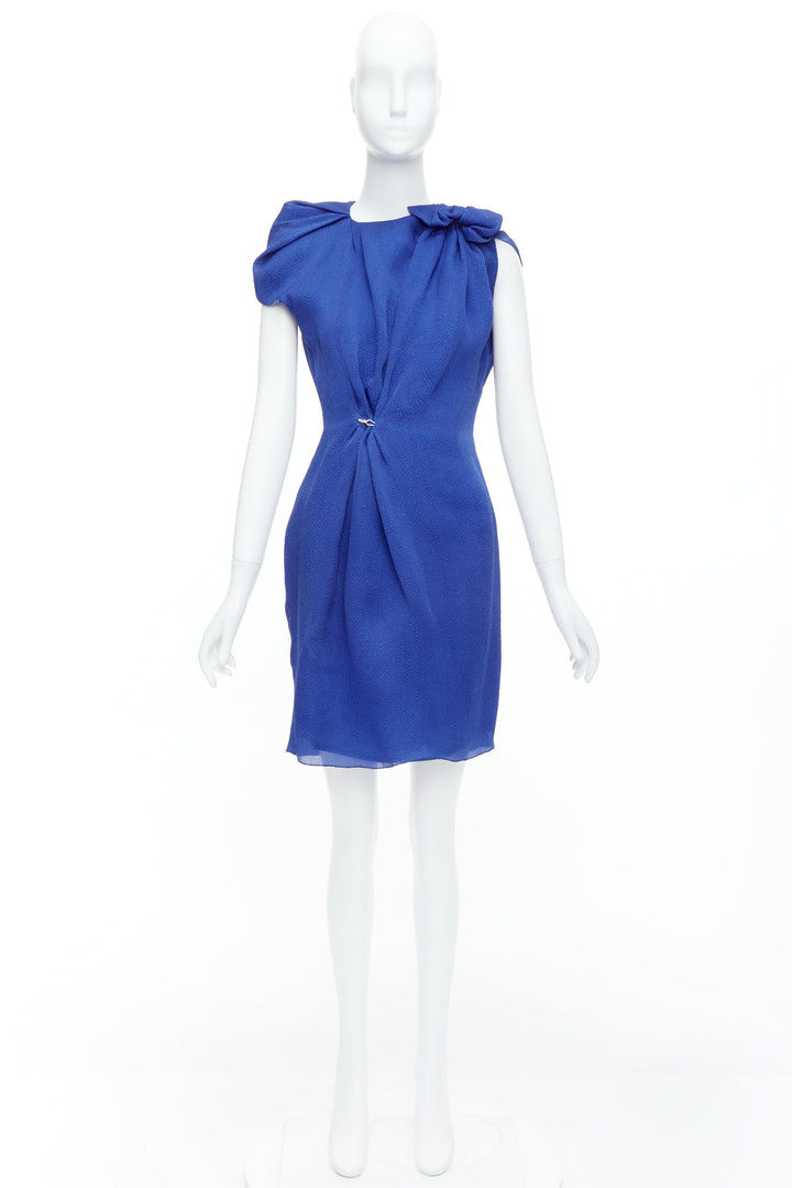 LANVIN 2009 100% silk blue asymmetric bow knot hook drape dress FR36 S