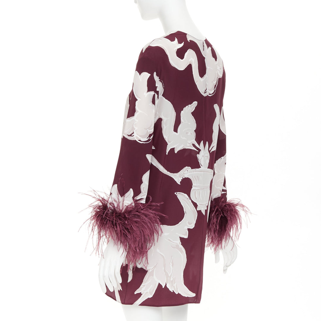 VALENTINO 2024 Runway Metamorphosis Gryphon print feather cuff silk dress IT40 S