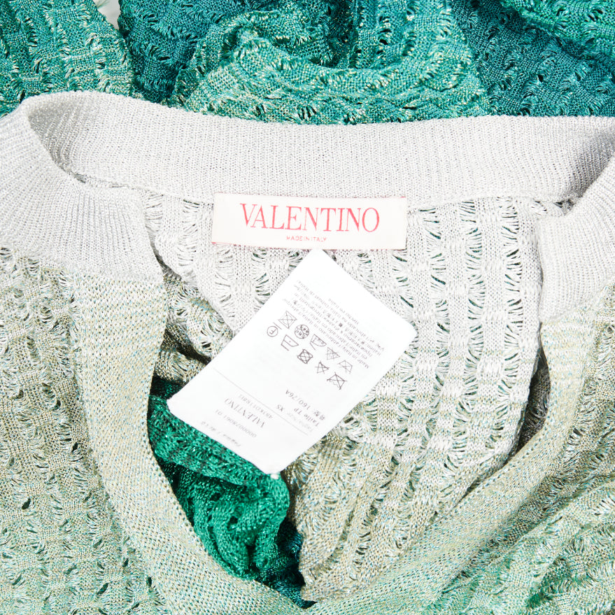 VALENTINO 2023 green grey lurex ombre ostrich feather trim knitted tunic top XS