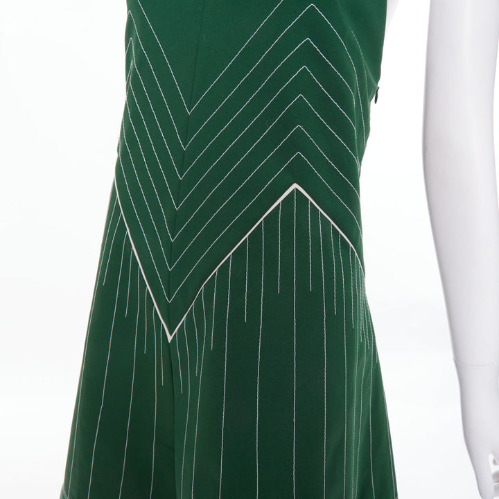 VALENTINO green contrast topstitch V neck silk lining sleeveless dress IT40 S