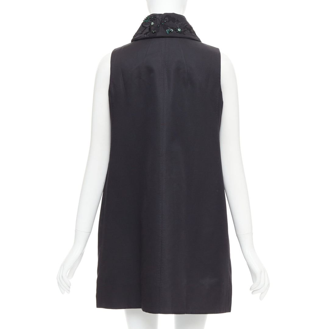 SHIATZY CHEN black wool silk green faux jade embellished long vest IT42 M