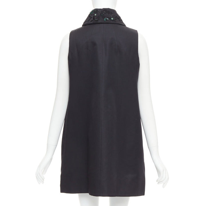 SHIATZY CHEN black wool silk green faux jade embellished long vest IT42 M