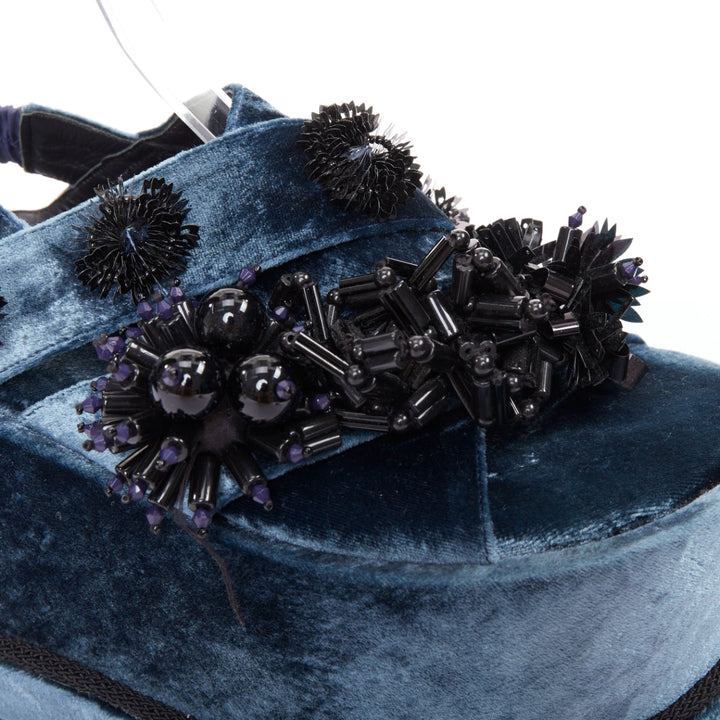 BIYAN blue velvet black beads sequin embellished platform wedges shoes EU39