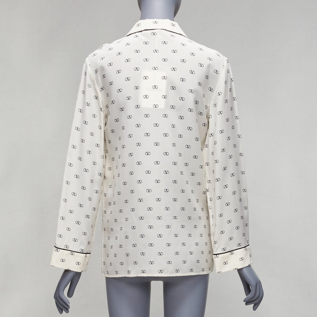 VALENTINO cream 100% silk V logo black piping collared pajama shirt IT36 XXS