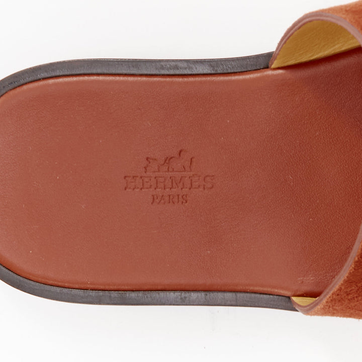 HERMES Izmir brown suede goatskin leather H cut out flat sandals EU41