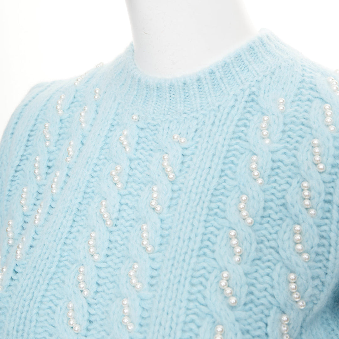 ALESSANDRA RICH pastel blue alpaca pearl embellished cable sweater IT36 XXS