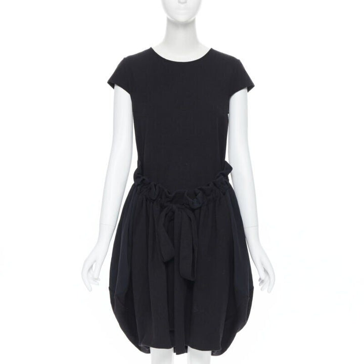 YVES SAINT LAURENT AW09 black cap sleeve ruched tie front bubble hem dress FR38