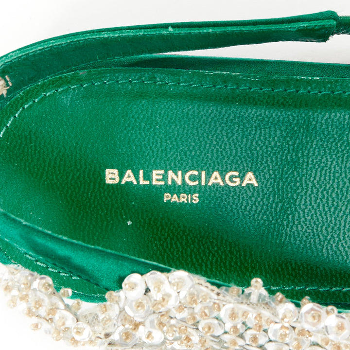 BALENCIAGA 2017 Tess emerald green satin silver sequin open toe flat sandal EU37