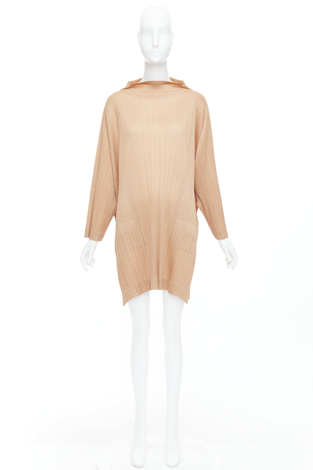 ISSEY MIYAKE Pleats Please brown funnel neck plisse mini dress JP3 L