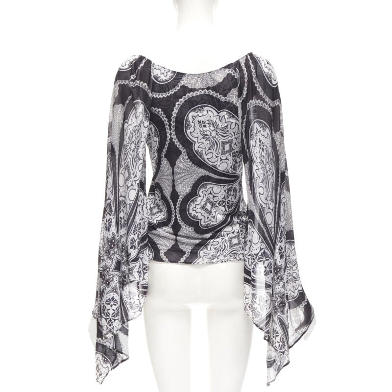 GUCCI Black white paisley print bohemian kimono sleeve blouse XS