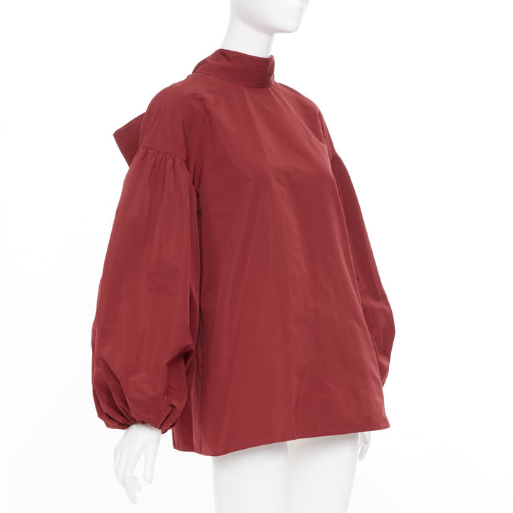 VALENTINO dark red cotton mock neck oversized volume puff sleeve top IT40 S