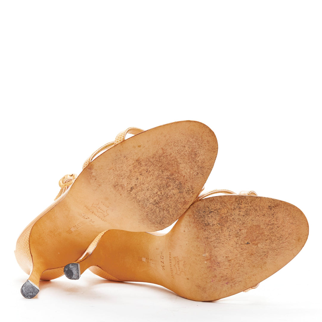 MANOLO BLAHNIK nude scaled leather minimal strappy sandals EU37.5