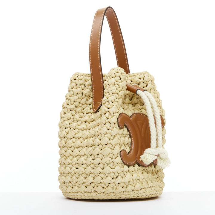 CELINE Teen Triomphe brown leather logo beige raffia drawstring bucket bag