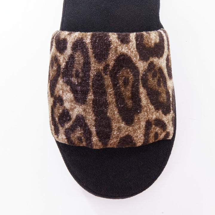 DOLCE GABBANA brown leopard towelling padded foam slides slippers EU41
