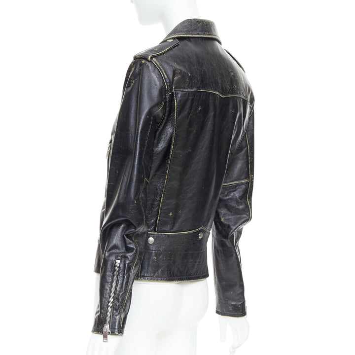 SAINT LAURENT 2015 black calfskin distressed classic biker jacket FR46 S