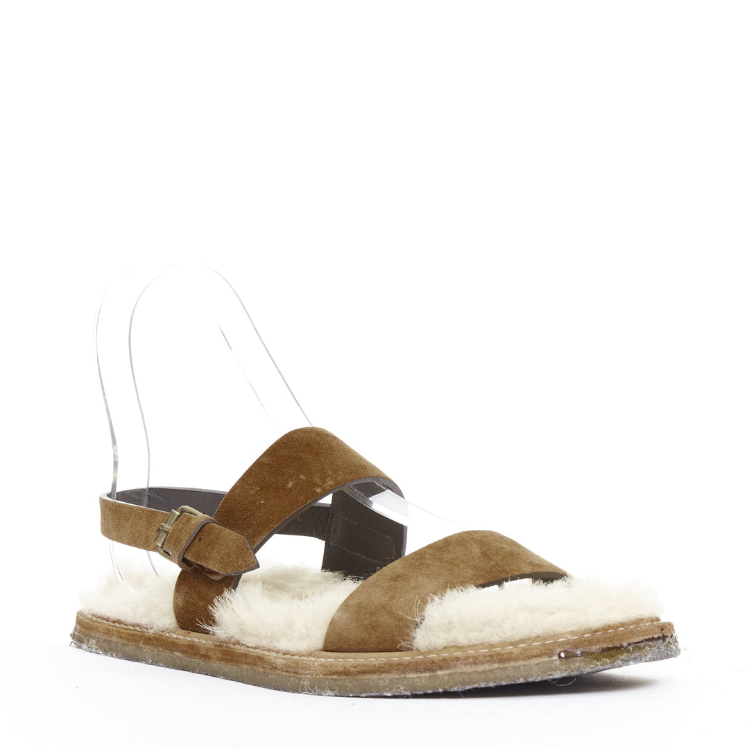 SAINT LAURENT Joan Noe tan leather cream shearling lined sandals EU38