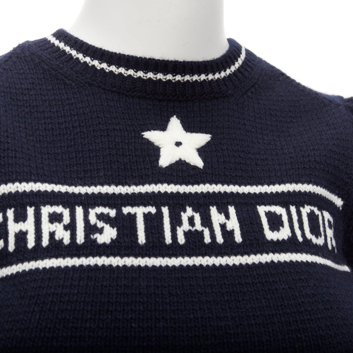 CHRISTIAN DIOR 2022 100% cashmere navy puff sleeve crew crop sweater FR34 XXS