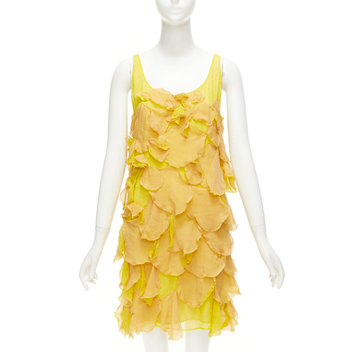 FENDI Vintage yellow nude 100% silk overlay flower petal mini dress IT44 L