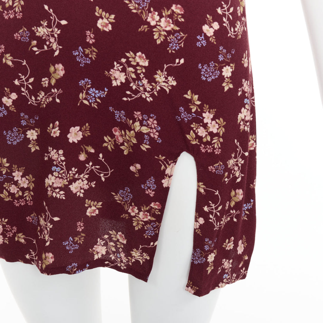 REFORMATION Marlowe burgundy viscose floral print high slit mini dress US0 XS
