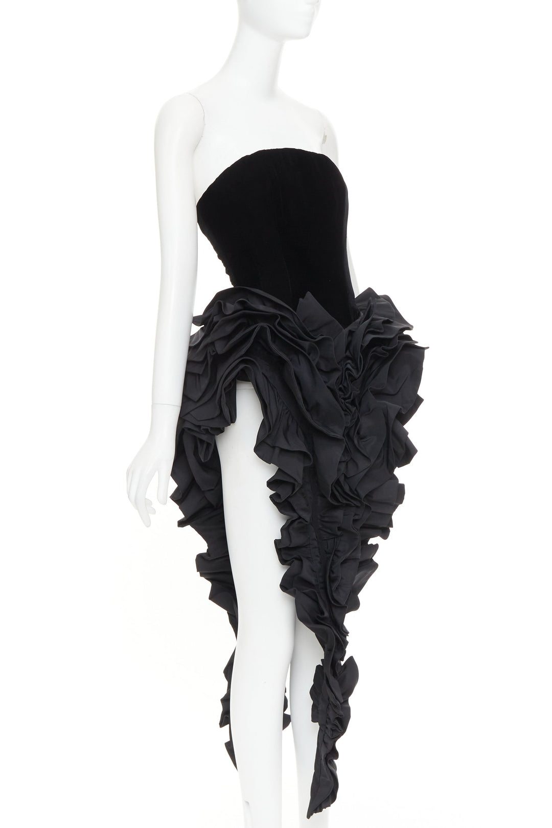 rare ALEXANDRE VAUTHIER COUTURE black velvet taffeta ruffle slit bodysuit dress