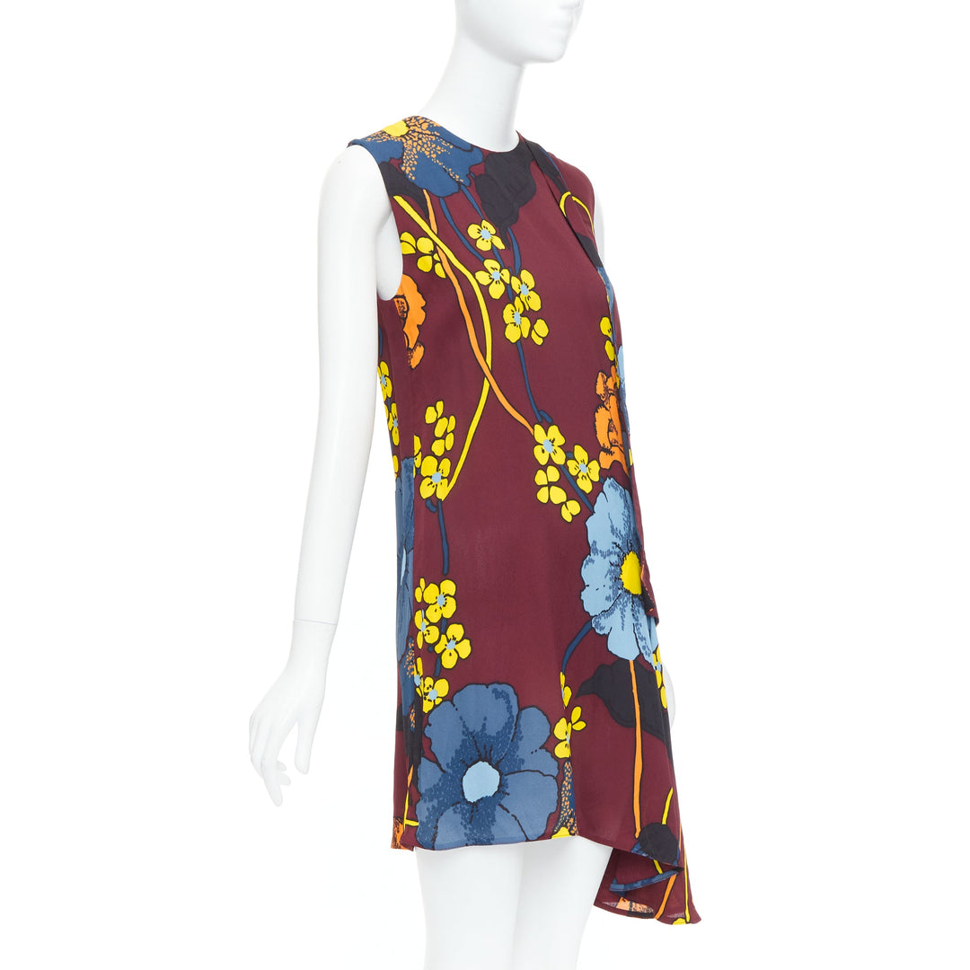 MARNI burgundy yellow blue floral print asymmetric hem dress IT38 XS