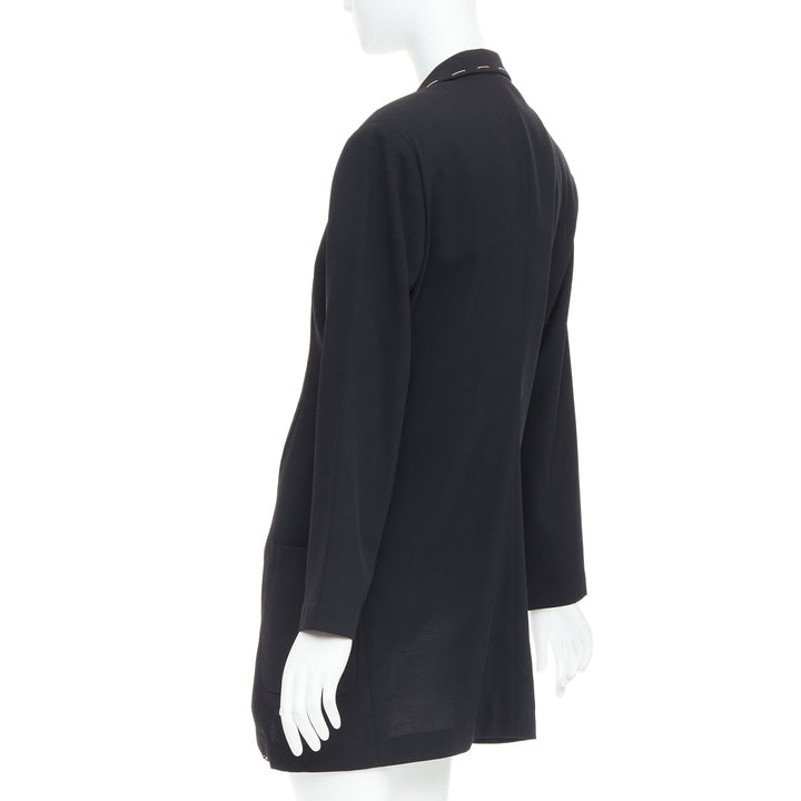 YOHJI YAMAMOTO black wool blend handstitched detail long blazer coat S