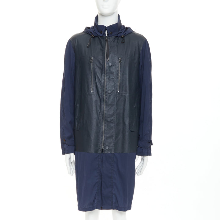 LANVIN black leather panels navy lightweight nylon anorak coat FR48 M