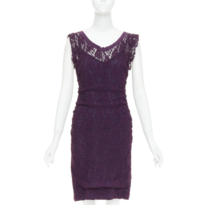 DOLCE GABBANA purple floral sheer lace overlay cocktail dress IT46 XL