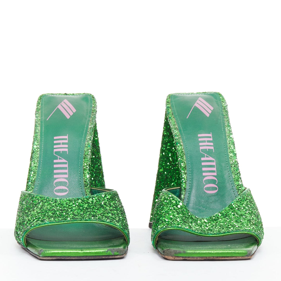 THE ATTICO Devon green apple glitter square open toe architectural mules EU38