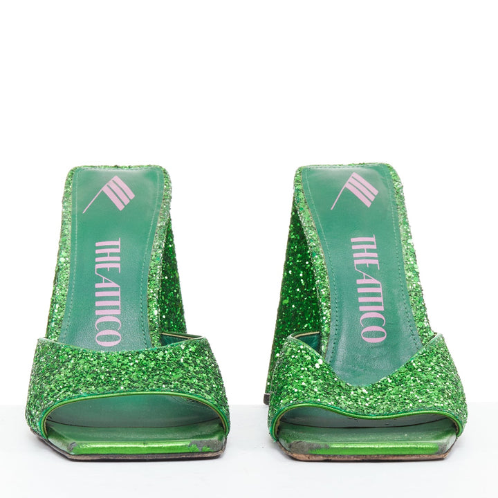 THE ATTICO Devon green apple glitter square open toe architectural mules EU38