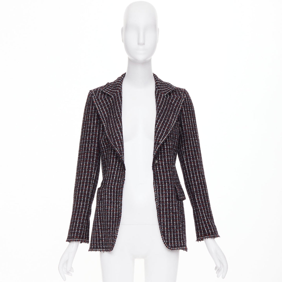 CHANEL 2008 burgundy navy check striped tweed cashmere wool fringe blazer FR42 L